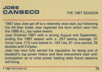 1988 Star Platinum #78 Jose Canseco Back
