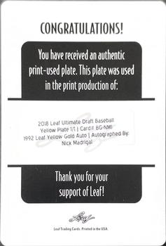 2018 Leaf Ultimate - 1992 Leaf Black Gold Autographs Printing Plates Yellow #BG-NM1 Nick Madrigal Back