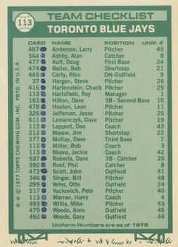 1977 Topps - Team Checklists #113 Toronto Blue Jays / Roy Hartsfield / Don Leppert / Bob Miller / Jackie Moore / Harry Warner Back