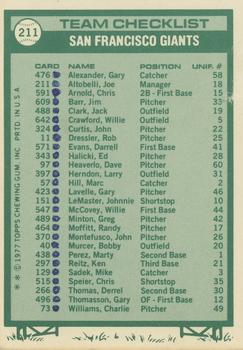 1977 Topps - Team Checklists #211 San Francisco Giants / Joe Altobelli Back