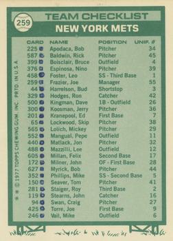 1977 Topps - Team Checklists #259 New York Mets / Joe Frazier Back