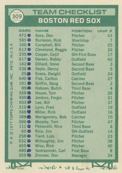 1977 Topps - Team Checklists #309 Boston Red Sox / Don Zimmer Back