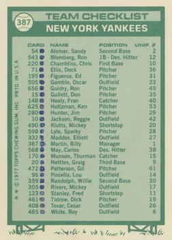 1977 Topps - Team Checklists #387 New York Yankees / Billy Martin Back