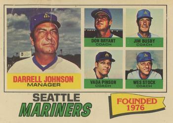 1977 Topps - Team Checklists #597 Seattle Mariners / Darrell Johnson / Don Bryant / Jim Busby / Vada Pinson / Wes Stock Front
