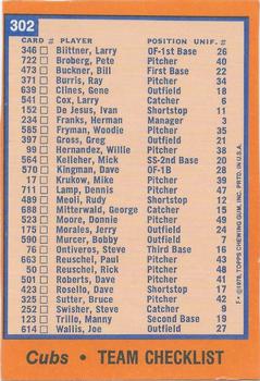 1978 Topps - Team Checklists #302 Chicago Cubs Back