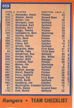 1978 Topps - Team Checklists #659 Texas Rangers Back