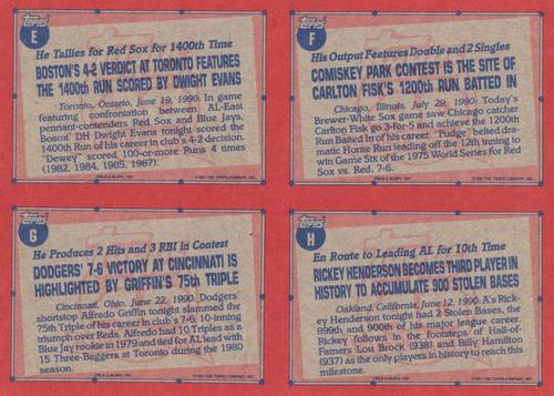1991 O-Pee-Chee - Wax Box Bottom Panels #E-F-G-H Dwight Evans / Carlton Fisk / Alfredo Griffin / Rickey Henderson Back