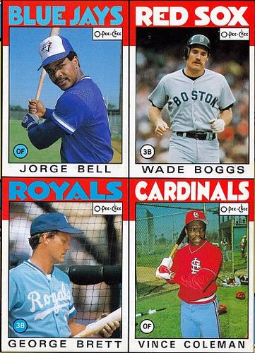 1986 O-Pee-Chee - Wax Box Bottom Panels #A / B / C / D Jorge Bell / Wade Boggs / George Brett / Vince Coleman Front
