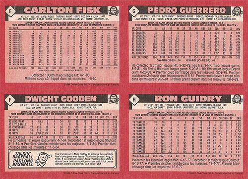 1986 O-Pee-Chee - Wax Box Bottom Panels #E / F / G / H Carlton Fisk / Dwight Gooden / Pedro Guerrero / Ron Guidry Back