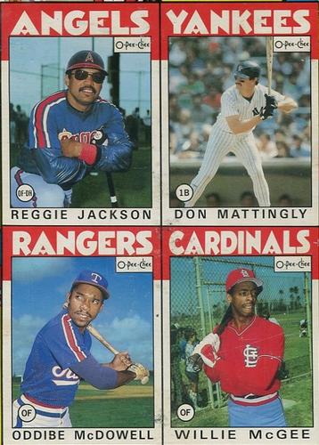 1986 O-Pee-Chee - Wax Box Bottom Panels #I / J / K / L Reggie Jackson / Don Mattingly / Oddibe McDowell / Willie McGee Front
