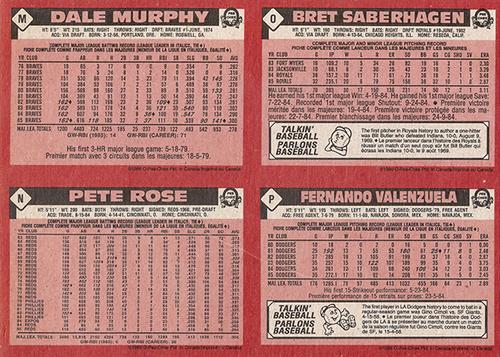 1986 O-Pee-Chee - Wax Box Bottom Panels #M / N / O / P Dale Murphy / Pete Rose / Bret Saberhagen / Fernando Valenzuela Back