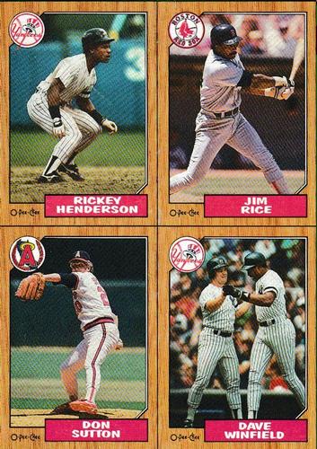 1987 O-Pee-Chee - Wax Box Bottom Panels #E-F-G-H Rickey Henderson / Jim Rice / Don Sutton / Dave Winfield Front