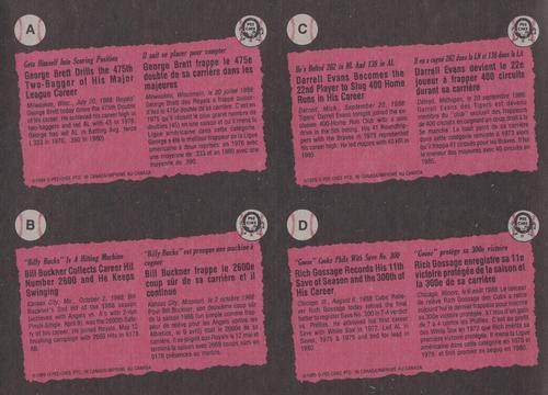 1989 O-Pee-Chee - Wax Box Bottom Panels #A-B-C-D George Brett / Bill Buckner / Darrell Evans / Rich Gossage Back
