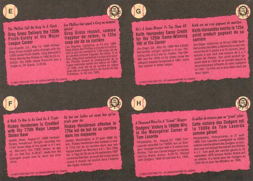 1989 O-Pee-Chee - Wax Box Bottom Panels #E-F-G-H Greg Gross / Rickey Henderson / Keith Hernandez / Tom Lasorda Back