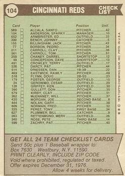 1976 Topps - Team Checklists #104 Cincinnati Reds / Sparky Anderson Back