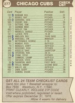 1976 Topps - Team Checklists #277 Chicago Cubs / Jim Marshall Back