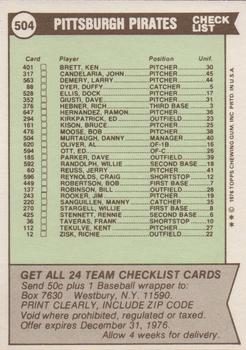 1976 Topps - Team Checklists #504 Pittsburgh Pirates / Danny Murtaugh Back