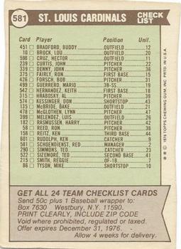 1976 Topps - Team Checklists #581 St. Louis Cardinals / Red Schoendienst Back
