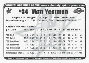 2006 Huntsville Stars #NNO Matt Yeatman Back