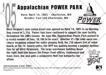 2005 Grandstand West Virginia Power #NNO Appalachian Power Park Back