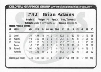 2004 Huntsville Stars #NNO Brian Adams Back