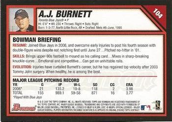 2007 Bowman #104 A.J. Burnett Back