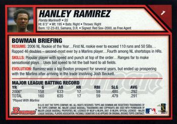 2007 Bowman #1 Hanley Ramirez Back