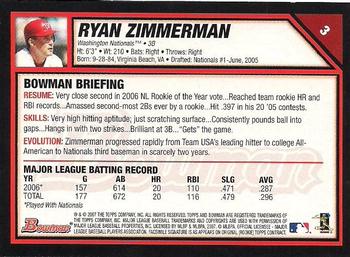 2007 Bowman #3 Ryan Zimmerman Back