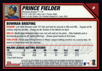 2007 Bowman #9 Prince Fielder Back