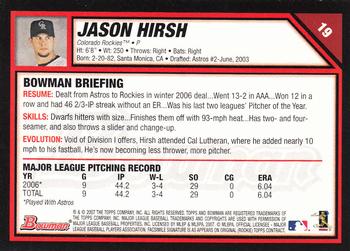 2007 Bowman #19 Jason Hirsh Back