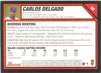 2007 Bowman #38 Carlos Delgado Back