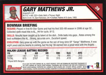 2007 Bowman #39 Gary Matthews Jr. Back