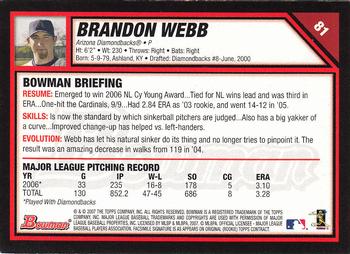2007 Bowman #81 Brandon Webb Back