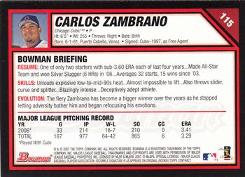 2007 Bowman #115 Carlos Zambrano Back