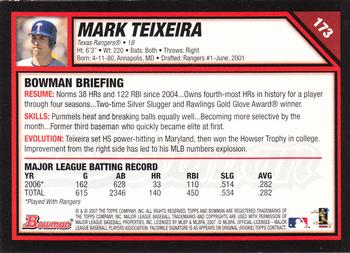 2007 Bowman #173 Mark Teixeira Back