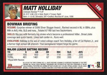 2007 Bowman #189 Matt Holliday Back