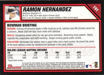 2007 Bowman #191 Ramon Hernandez Back