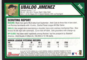 2007 Bowman #206 Ubaldo Jimenez Back