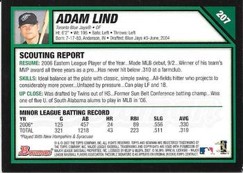 2007 Bowman #207 Adam Lind Back