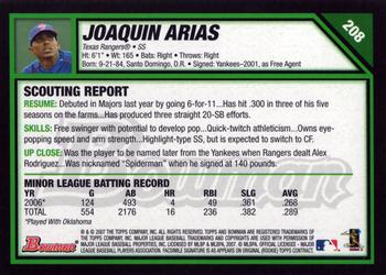 2007 Bowman #208 Joaquin Arias Back