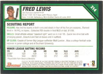 2007 Bowman #214 Fred Lewis Back