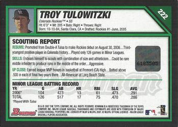 2007 Bowman #222 Troy Tulowitzki Back