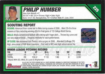 2007 Bowman #225 Philip Humber Back