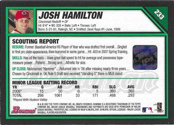 2007 Bowman #233 Josh Hamilton Back