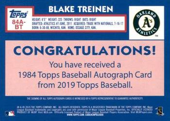 2019 Topps - 1984 Topps Baseball 35th Anniversary Autographs #84A-BT Blake Treinen Back