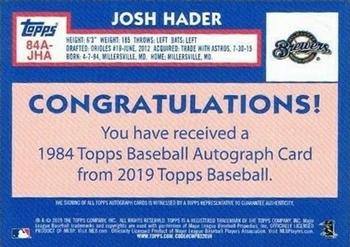 2019 Topps - 1984 Topps Baseball 35th Anniversary Autographs #84A-JHA Josh Hader Back