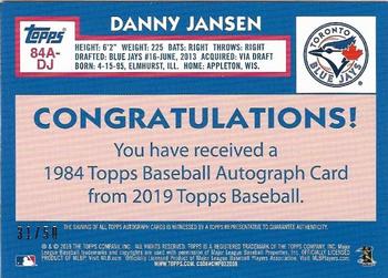 2019 Topps - 1984 Topps Baseball 35th Anniversary Autographs Gold #84A-DJ Danny Jansen Back