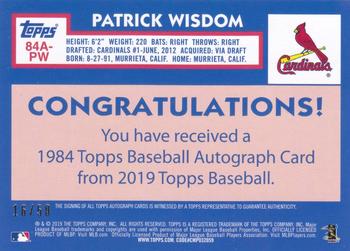 2019 Topps - 1984 Topps Baseball 35th Anniversary Autographs Gold #84A-PW Patrick Wisdom Back