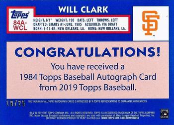 2019 Topps - 1984 Topps Baseball 35th Anniversary Autographs Red #84A-WCL Will Clark Back