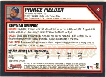 2007 Bowman Chrome #9 Prince Fielder Back